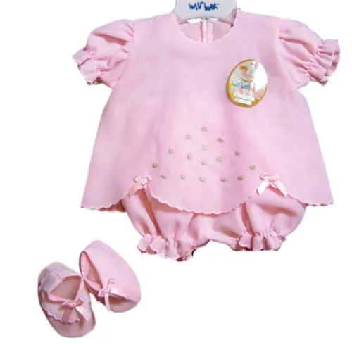 Will'beth Pink Girls Rosebud 3 piece Diaper Set & Booties Preemie & Newborn